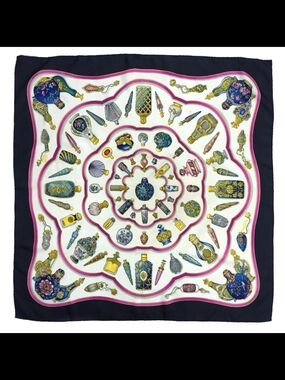 HERMÈS Qu'importe le flacon Silk Scarf 90cm Perfume Bottles Black Pink Vintage
